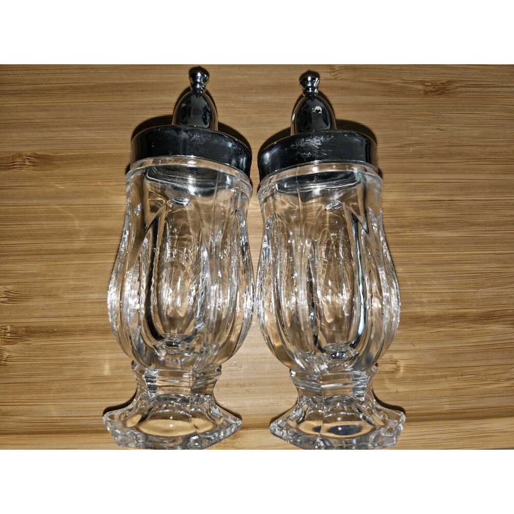 Vintage Fostoria Revere Leaded Crystal Salt & Pepper Silver Metal Tops